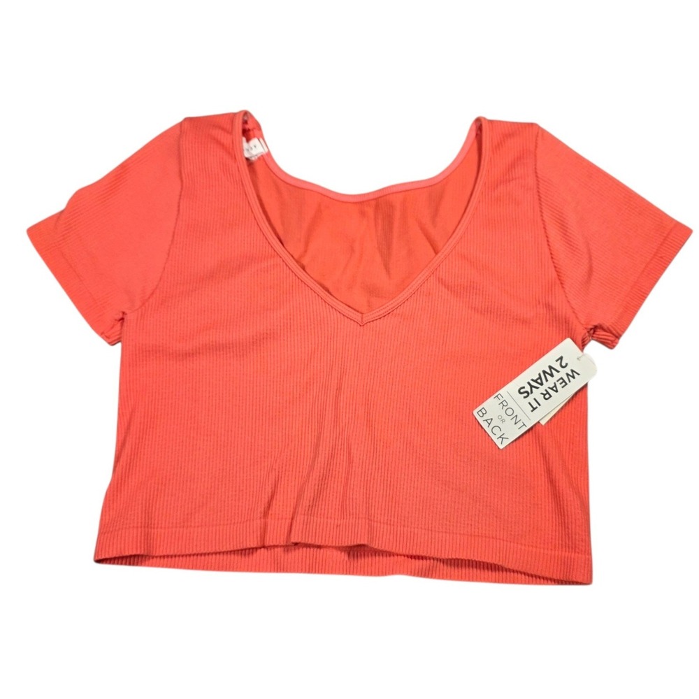 Aeropostale Womens Ribbed Seamless Reversible 2-Way Crop Top Coral Pink L NWT